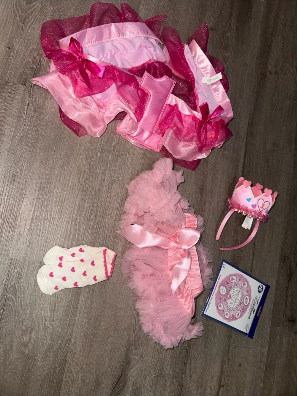 Baby’s first birthday set. Pink Ruffle Tutu Skirt, Crown, Socks, Highchair Skirt
